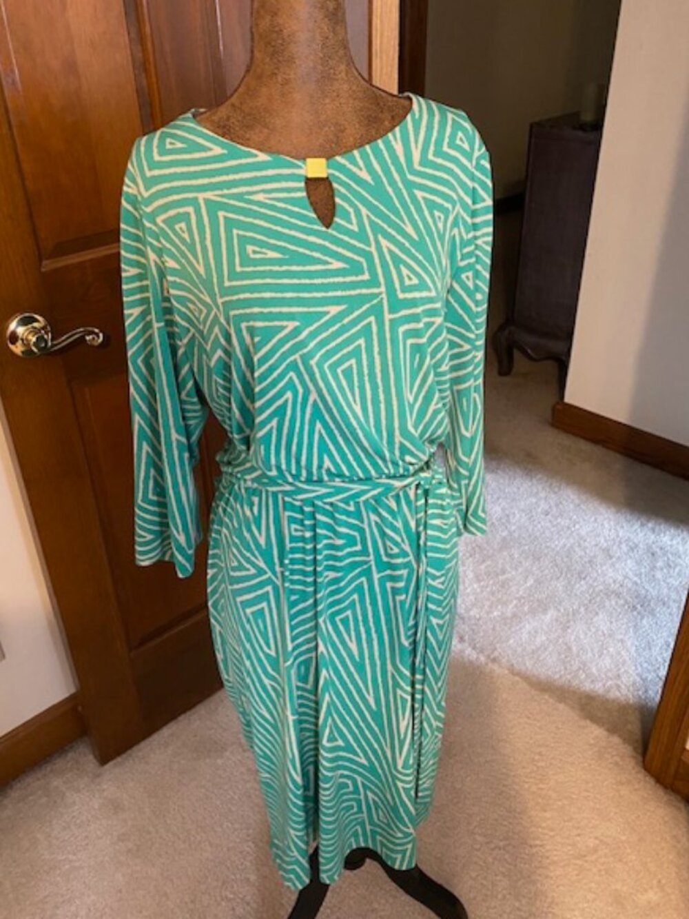 Flattering Cream & Mint Geo Pattern Plus Size Dress